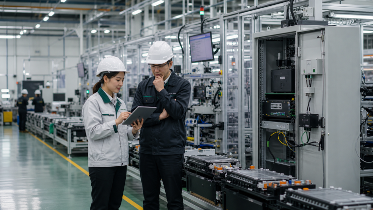 工厂产线内工程师与操作员查看设备联网与云边协同状态的现场配图